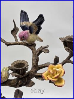 Vintage Celadon Cast Bronze Porcelain Birds Flowers Tree Candle Holder Figurine