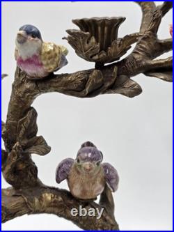 Vintage Celadon Cast Bronze Porcelain Birds Flowers Tree Candle Holder Figurine