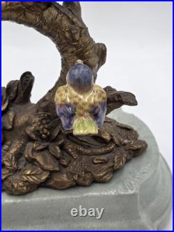 Vintage Celadon Cast Bronze Porcelain Birds Flowers Tree Candle Holder Figurine