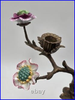 Vintage Celadon Cast Bronze Porcelain Birds Flowers Tree Candle Holder Figurine