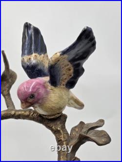 Vintage Celadon Cast Bronze Porcelain Birds Flowers Tree Candle Holder Figurine