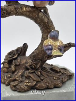 Vintage Celadon Cast Bronze Porcelain Birds Flowers Tree Candle Holder Figurine