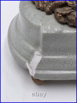 Vintage Celadon Cast Bronze Porcelain Birds Flowers Tree Candle Holder Figurine