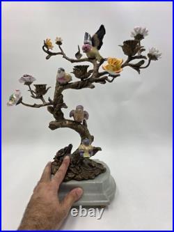 Vintage Celadon Cast Bronze Porcelain Birds Flowers Tree Candle Holder Figurine