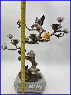 Vintage Celadon Cast Bronze Porcelain Birds Flowers Tree Candle Holder Figurine