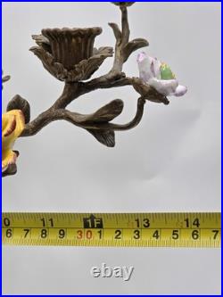 Vintage Celadon Cast Bronze Porcelain Birds Flowers Tree Candle Holder Figurine