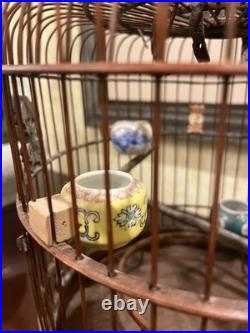 Vintage Chinese Bamboo Song Bird Bird Cage with 6 Porcelain Feed Bowls