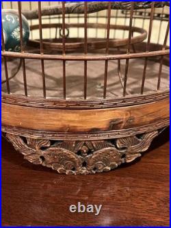 Vintage Chinese Bamboo Song Bird Bird Cage with 6 Porcelain Feed Bowls