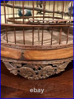Vintage Chinese Bamboo Song Bird Bird Cage with 6 Porcelain Feed Bowls