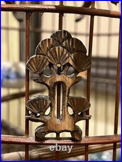 Vintage Chinese Bamboo Song Bird Bird Cage with 6 Porcelain Feed Bowls