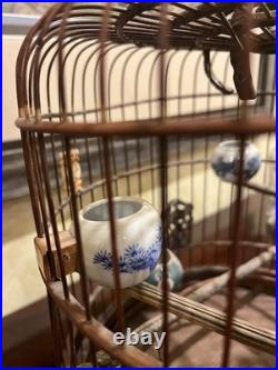 Vintage Chinese Bamboo Song Bird Bird Cage with 6 Porcelain Feed Bowls