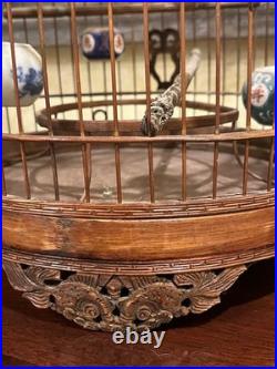 Vintage Chinese Bamboo Song Bird Bird Cage with 6 Porcelain Feed Bowls