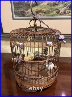 Vintage Chinese Bamboo Song Bird Bird Cage with 6 Porcelain Feed Bowls