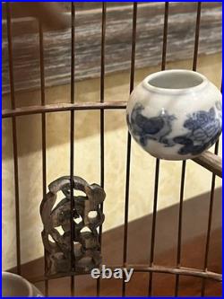 Vintage Chinese Bamboo Song Bird Bird Cage with 6 Porcelain Feed Bowls
