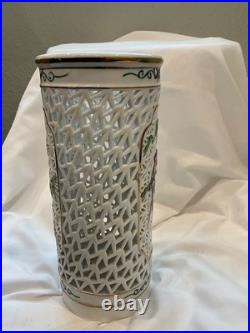 Vintage Chinese Blanc de Chine floral/bird motif hand-painted reticulated vase