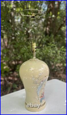 Vintage Chinese Export Porcelain Bird & Flower Table Lamp Moriage Calligraphy