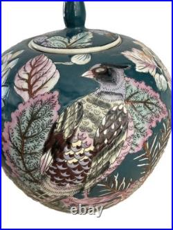 Vintage Chinese Hand-Painted Ginger Jar. Bird & Floral Ceramic Lidded Pot 10H