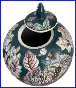 Vintage Chinese Hand-Painted Ginger Jar. Bird & Floral Ceramic Lidded Pot 10H