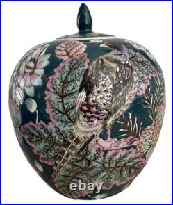 Vintage Chinese Hand-Painted Ginger Jar. Bird & Floral Ceramic Lidded Pot 10H