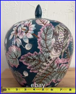 Vintage Chinese Hand-Painted Ginger Jar. Bird & Floral Ceramic Lidded Pot 10H