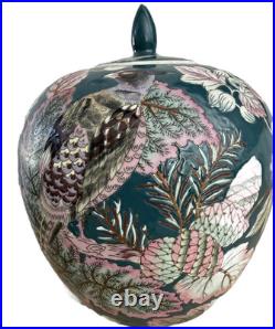 Vintage Chinese Hand-Painted Ginger Jar. Bird & Floral Ceramic Lidded Pot 10H