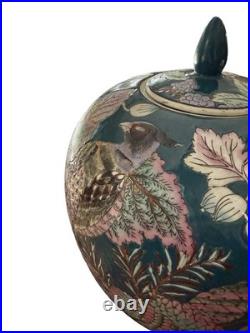 Vintage Chinese Hand-Painted Ginger Jar. Bird & Floral Ceramic Lidded Pot 10H