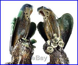 Vintage Chinese LOVE PARROTS Couple Shiwan Clay Statue Porcelain Bird Handmade
