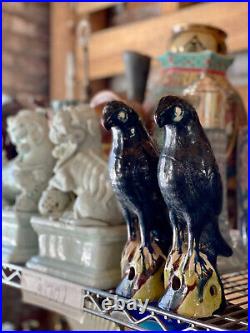 Vintage Chinese Porcelain Blue Parrot Bird Figural Sculpture A Pair