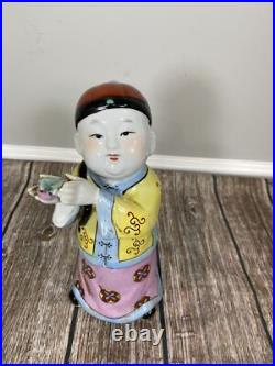 Vintage Chinese Porcelain Figurine Boy in Hat Holding A Bird 10.5 Tall