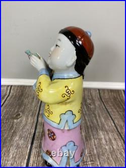 Vintage Chinese Porcelain Figurine Boy in Hat Holding A Bird 10.5 Tall