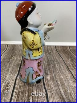 Vintage Chinese Porcelain Figurine Boy in Hat Holding A Bird 10.5 Tall