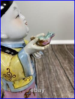 Vintage Chinese Porcelain Figurine Boy in Hat Holding A Bird 10.5 Tall
