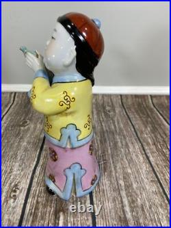 Vintage Chinese Porcelain Figurine Boy in Hat Holding A Bird 10.5 Tall