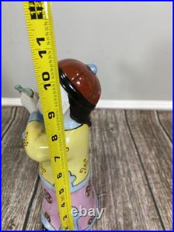 Vintage Chinese Porcelain Figurine Boy in Hat Holding A Bird 10.5 Tall