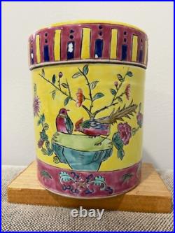 Vintage Chinese Porcelain Round Covered Jar with Floral & Birds Decoration