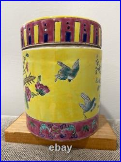 Vintage Chinese Porcelain Round Covered Jar with Floral & Birds Decoration