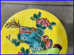Vintage Chinese Porcelain Round Covered Jar with Floral & Birds Decoration