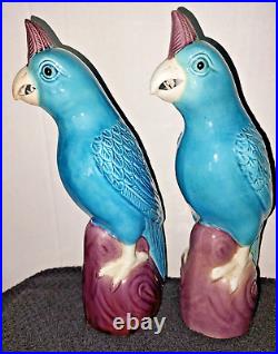Vintage Chinese Porcelain Turquoise Blue Cockatoo Parrot Statue 8.25 SET OF 2