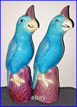 Vintage Chinese Porcelain Turquoise Blue Cockatoo Parrot Statue 8.25 SET OF 2