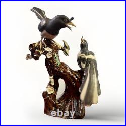 Vintage Chinese Shiwan Porcelain Magpie Birds on Plum Tree Branch Figurine