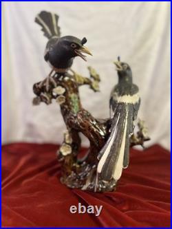 Vintage Chinese Shiwan Porcelain Magpie Birds on Plum Tree Branch Figurine