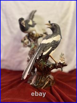 Vintage Chinese Shiwan Porcelain Magpie Birds on Plum Tree Branch Figurine