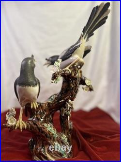 Vintage Chinese Shiwan Porcelain Magpie Birds on Plum Tree Branch Figurine