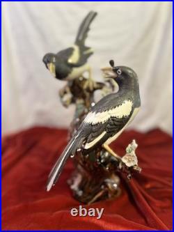 Vintage Chinese Shiwan Porcelain Magpie Birds on Plum Tree Branch Figurine