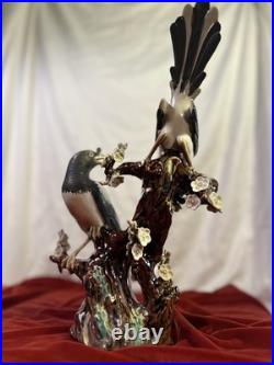 Vintage Chinese Shiwan Porcelain Magpie Birds on Plum Tree Branch Figurine