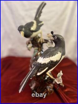 Vintage Chinese Shiwan Porcelain Magpie Birds on Plum Tree Branch Figurine