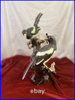 Vintage Chinese Shiwan Porcelain Magpie Birds on Plum Tree Branch Figurine