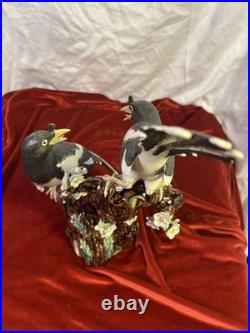 Vintage Chinese Shiwan Porcelain Magpie Birds on Plum Tree Branch Figurine
