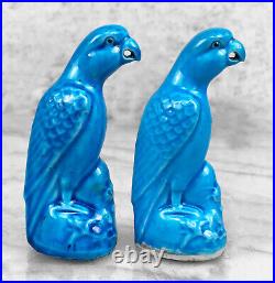 Vintage Chinese Turquoise Blue Glazed Porcelain Parrot Sculptures A Pair