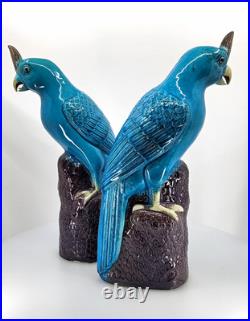 Vintage Chinese Turquoise Cockatoo Parrot Figurines Pair 14 PRC Ceramic Marked